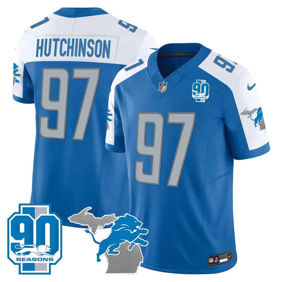 Men Detroit Lions 97 Hutchinson Blue 2024 Nike 90th Year Michigan Patch Vapor NFL Jersey